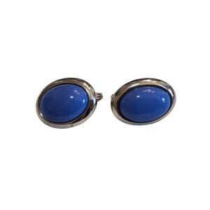 Monet Sky Blue Cabochon Clip-On Earrings Silver Tone‎ 1" 12.7g Excellent Vintage